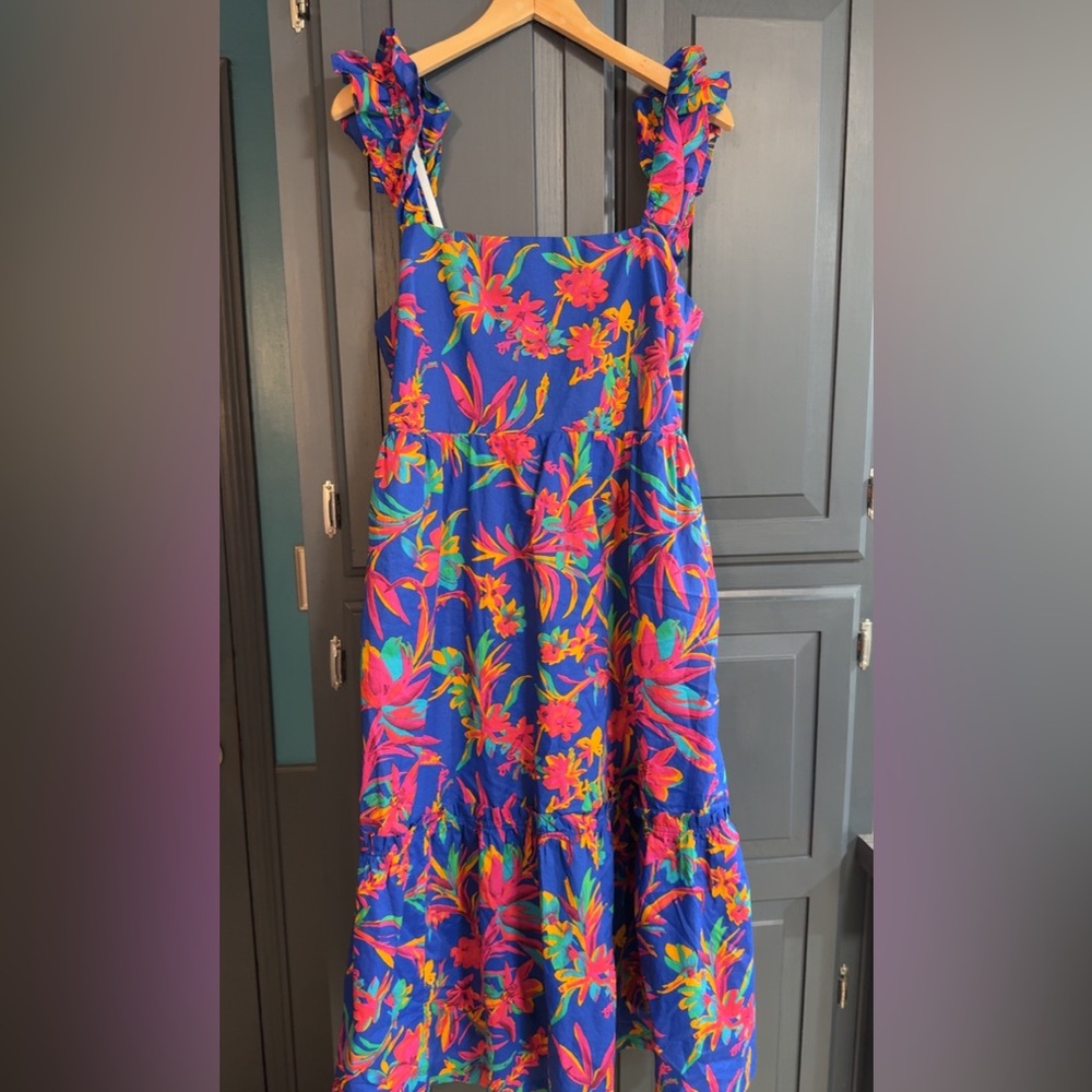 J Crew Tropical Flower Ruffled Midi Dress w/Pockets! Size 14/XL